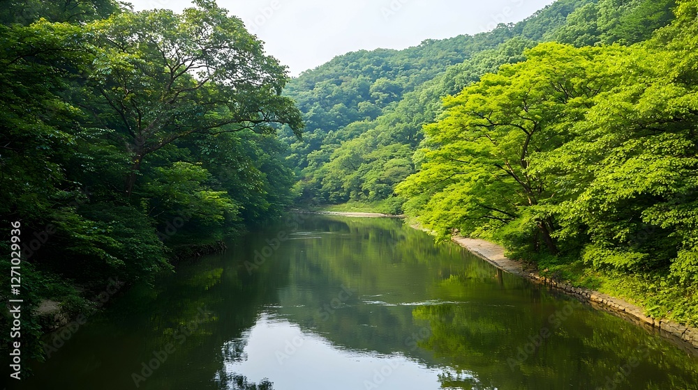 Serene River Landscape with Lush Green Foliage and Tranquil Atmosphere Serene River Landscape with Lush Green Foliage and Tranquil Atmosphere