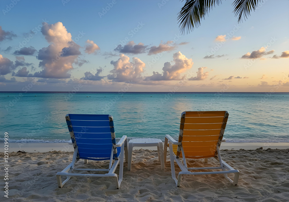 Two beach chairs by turquoise water and blue sky, a vacation concept Two beach chairs by turquoise water and blue sky, a vacation concept