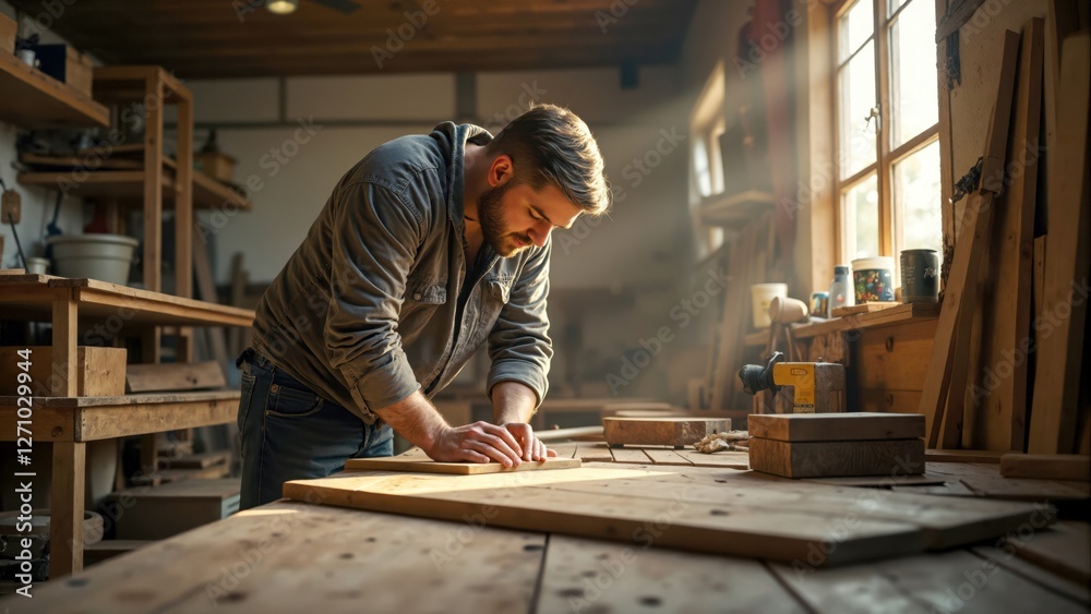 Carpenter Working Wood in Workshop Carpenter Working Wood in Workshop