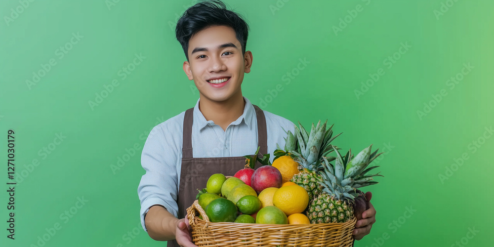 farmer man holding vegetables in basket, marketing photography, happy to sell you a product, standing, smiling, solid background farmer man holding vegetables in basket, marketing photography, happy to sell you a product, standing, smiling, solid background