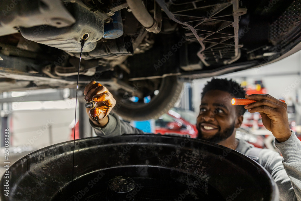 Close up of interracial auto mechanic changing oil on car at car service. Close up of interracial auto mechanic changing oil on car at car service.