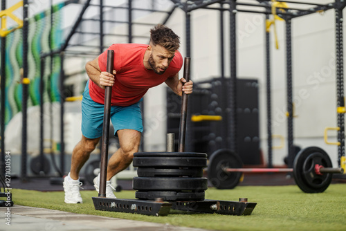 Strong dedicated masculine sportsman pushing exercise machine at gym.