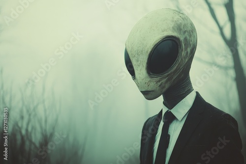 Mysterious alien figure in a suit standing in a foggy forest during twilight photo