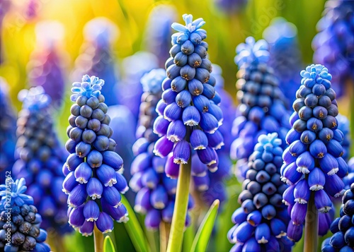 Spring's vibrant grape hyacinths burst into bloom; exquisite macro photography reveals intricate floral details.