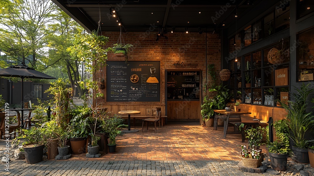 Fototapeta premium Outdoor cafe patio, brick wall, plants, sunlight, menu board, morning