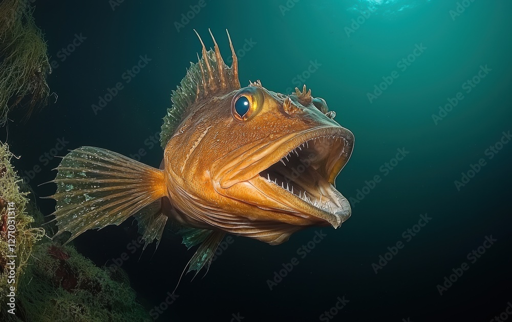 Fototapeta premium A dramatic shot of a European anglerfish hunting at the ocean depths