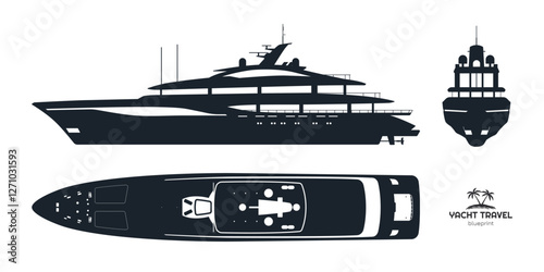 Yacht silhouette. Side, front and top views of private ship. Luxury boat blueprint. Cruise motorboat industrial drawing. Black template