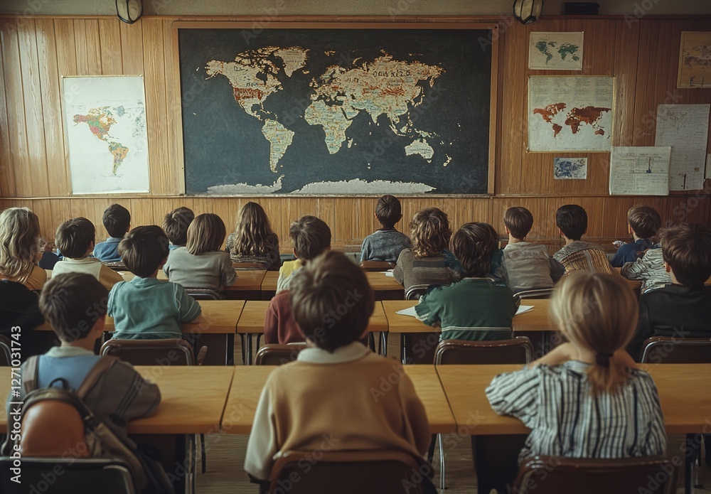 Obraz premium Vintage still images of an old-school classroom filled with children. The teacher stands in front of the blackboard, looking at the camera from behind