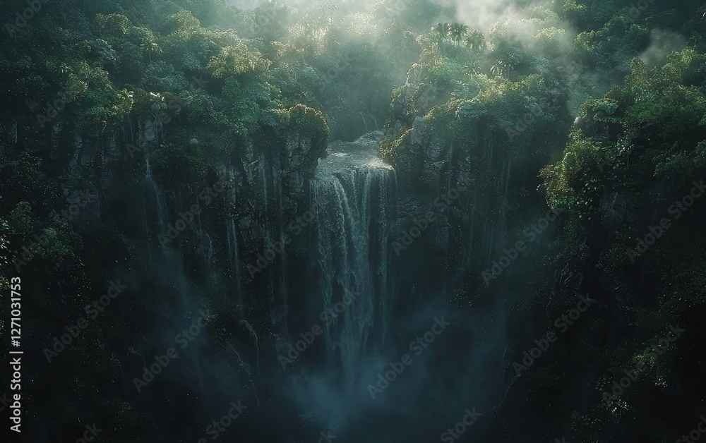 A drone shot of a powerful waterfall surrounded by a dense rainforest A drone shot of a powerful waterfall surrounded by a dense rainforest