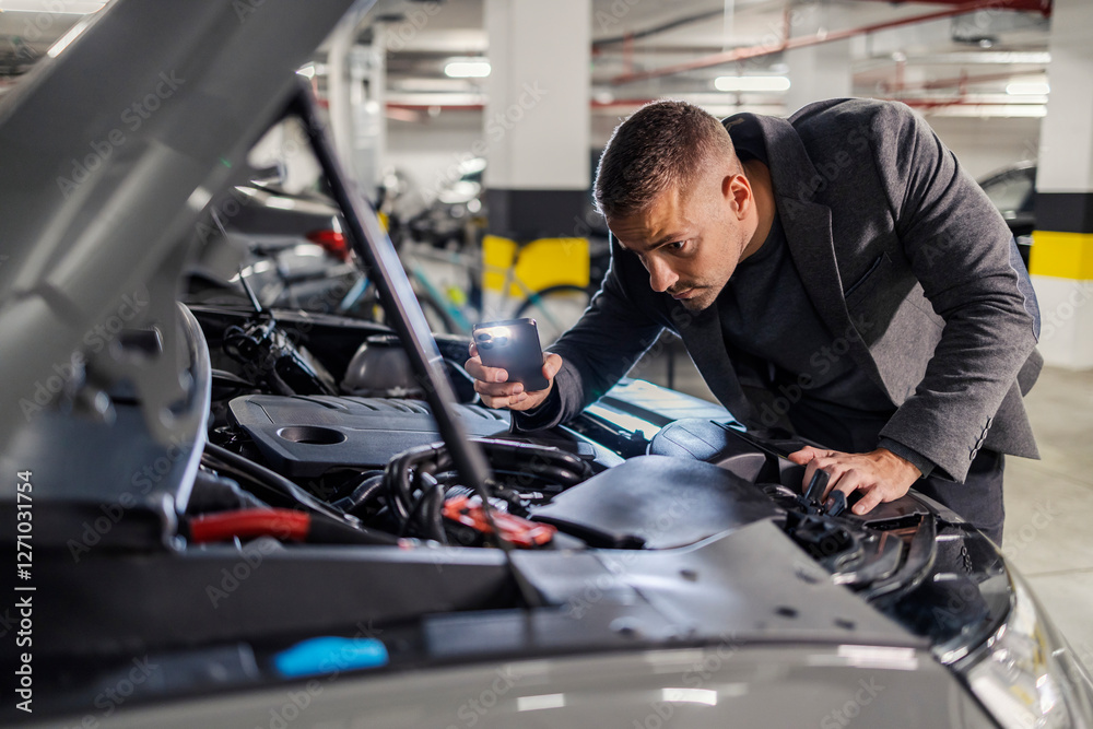 A young businessman is using mobile phone lamp and looking under the car hood. A young businessman is using mobile phone lamp and looking under the car hood.