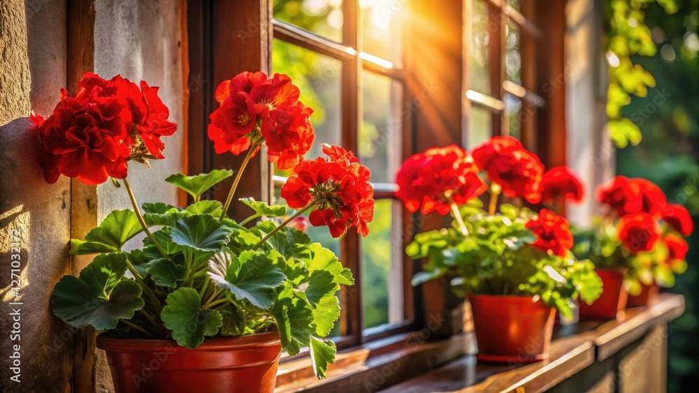 Sun-drenched red geraniums burst from a vibrant window box, capturing summer's essence. Sun-drenched red geraniums burst from a vibrant window box, capturing summer's essence.