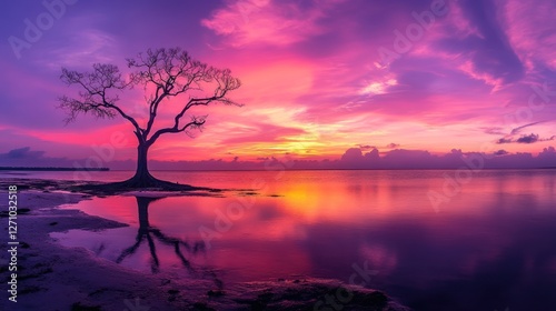 Serene twilight shoreline with solitary tree and vibrant reflections