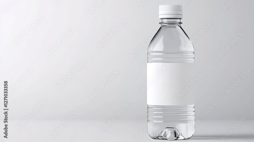 White plastic bottle with a blank label on a white background. Water in the glass water bottle mockup, close-up. White plastic bottle with a blank label on a white background. Water in the glass water bottle mockup, close-up.