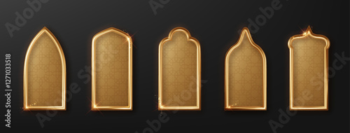 Elegant Islamic gold arc window frame for Ramadan. Traditional Islamic window frame with shadow effect