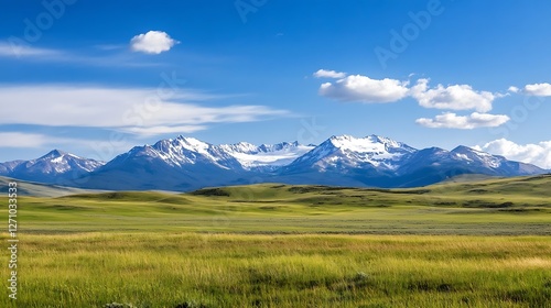 Stunning view of majestic snowcapped mountains under a bright blue sky with fluffy clouds : Generative AI