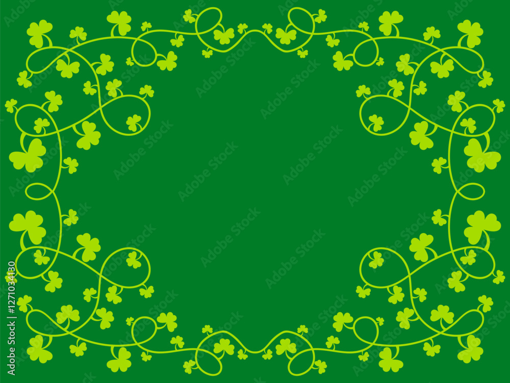 Green clover leaves frame for St. Patrick's Day. Border with shamrocks with place for text. Holiday shamrock frame for promotional products, postcards and printed publications. Vector illustration Green clover leaves frame for St. Patrick's Day. Border with shamrocks with place for text. Holiday shamrock frame for promotional products, postcards and printed publications. Vector illustration
