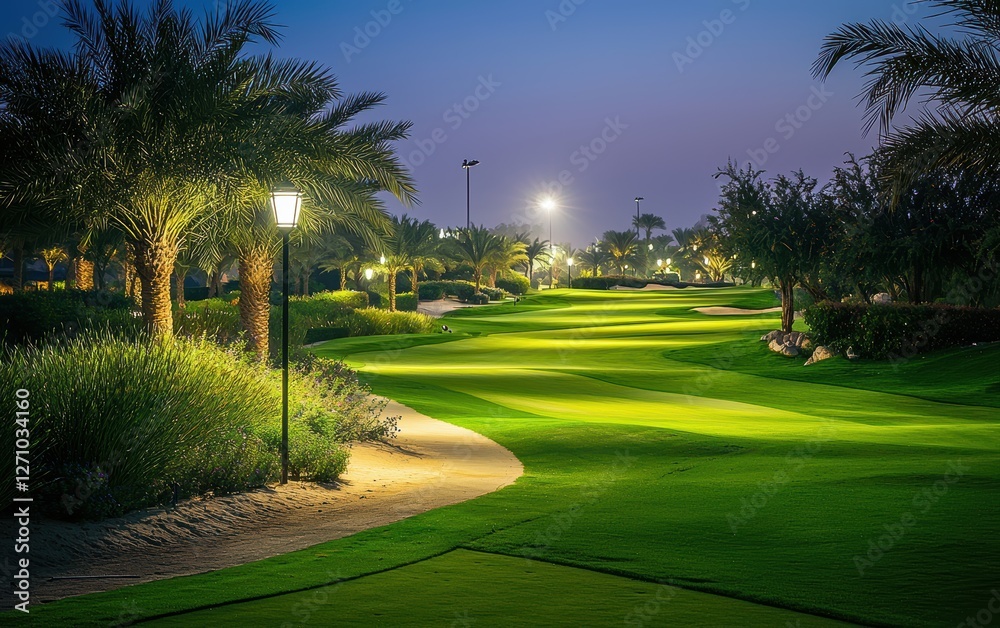 Obraz premium A golf course with lush, manicured grass and rolling hills