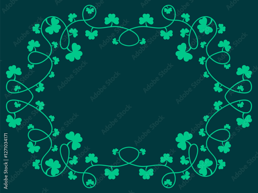 Green clover leaves frame for St. Patrick's Day. Border with shamrocks with place for text. Holiday shamrock frame for promotional products, postcards and printed publications. Vector illustration Green clover leaves frame for St. Patrick's Day. Border with shamrocks with place for text. Holiday shamrock frame for promotional products, postcards and printed publications. Vector illustration