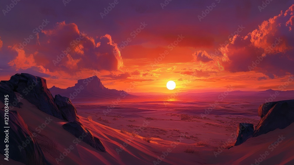 Naklejka premium Crimson horizon, breathtaking twilight colors over a serene desert landscape