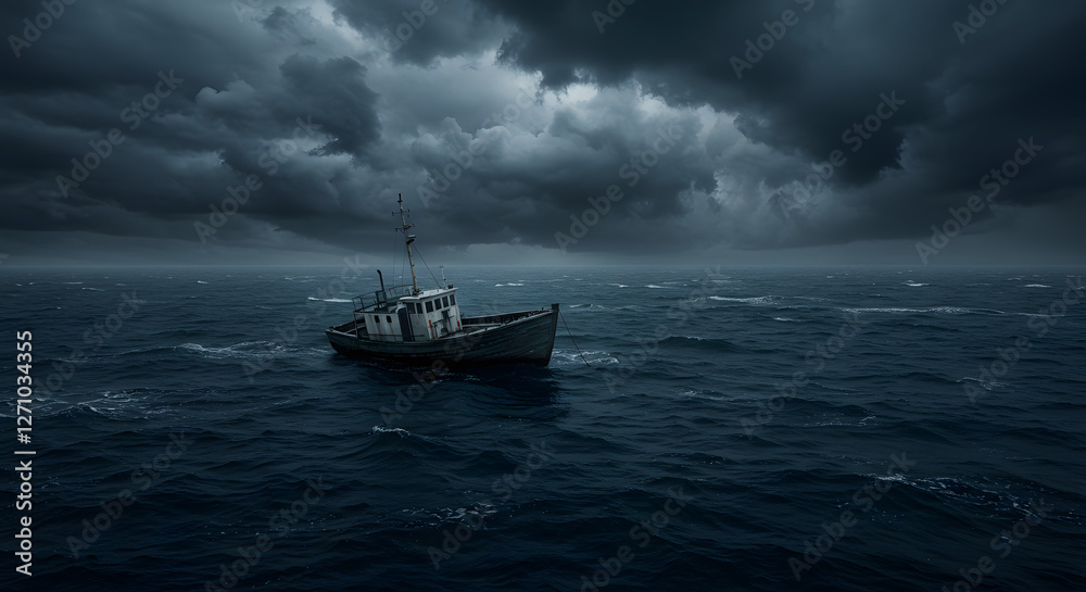 Naklejka premium Stormy sea horizon lone boat adrift dark clouds swirling