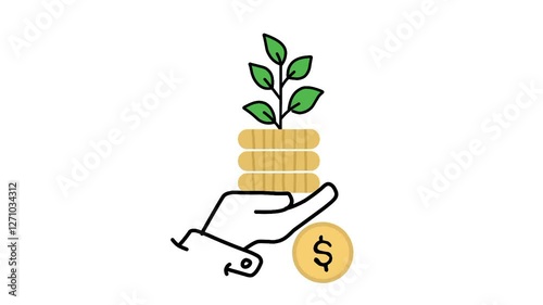 Golden coins in soil with young plant in human hand. Money growth concept