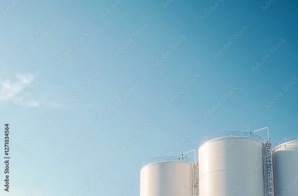 A photograph of an industrial plant with white gas tanks and smokestacks against the blue sky, representing the petrochemical industry in Thailand. This is a commercial photography piece, captured A photograph of an industrial plant with white gas tanks and smokestacks against the blue sky, representing the petrochemical industry in Thailand. This is a commercial photography piece, captured