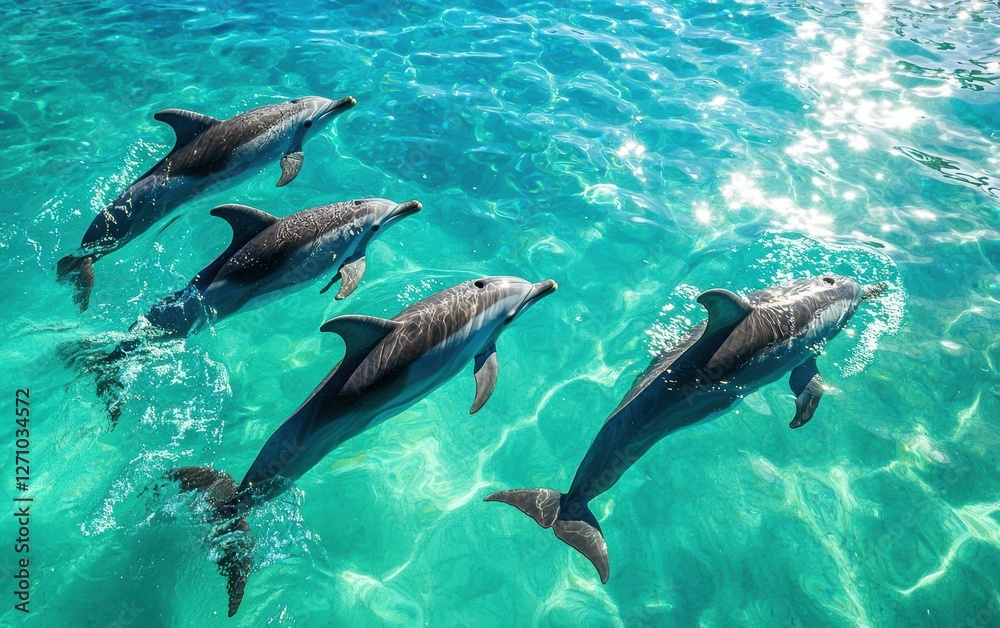 Obraz premium A group of dolphins swimming in a clean, clear ocean