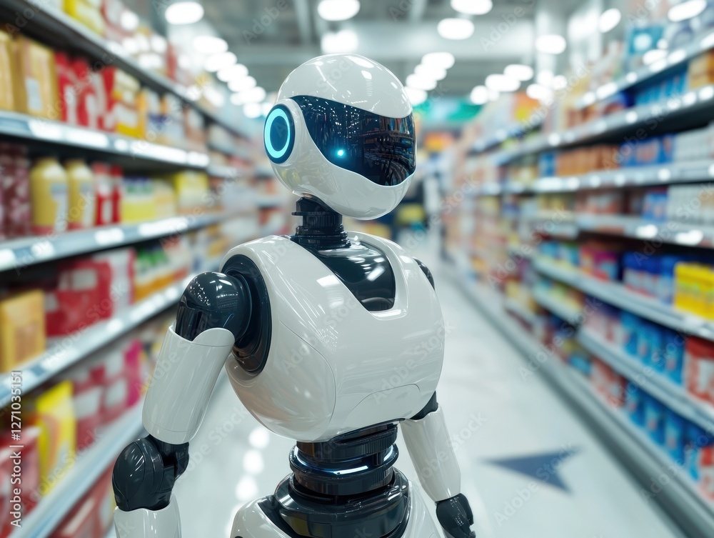 Robot Assistant in Grocery Aisle Helping Shoppers
