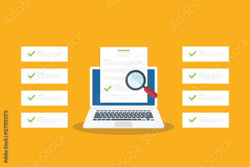 Online digital document inspection or assessment evaluation on laptop computer, contract review, analysis, inspection of agreement contract, compliance verification.
