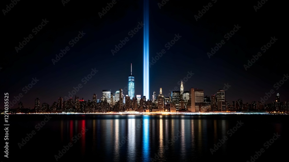 Obraz premium Night City Skyline with a Bright Vertical Light Beam