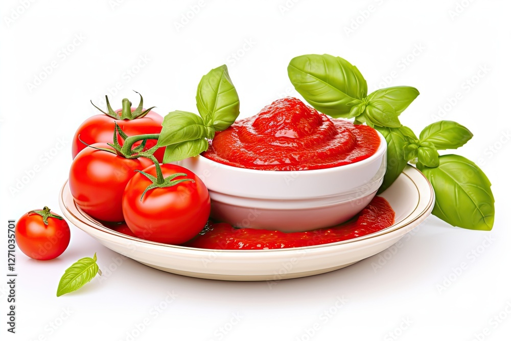 Tomato paste with basil topping on white background Tomato paste with basil topping on white background