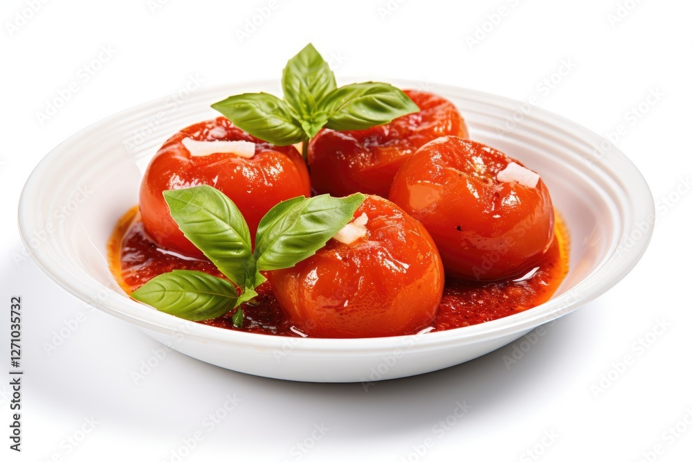 Tomato paste with basil topping on white background Tomato paste with basil topping on white background