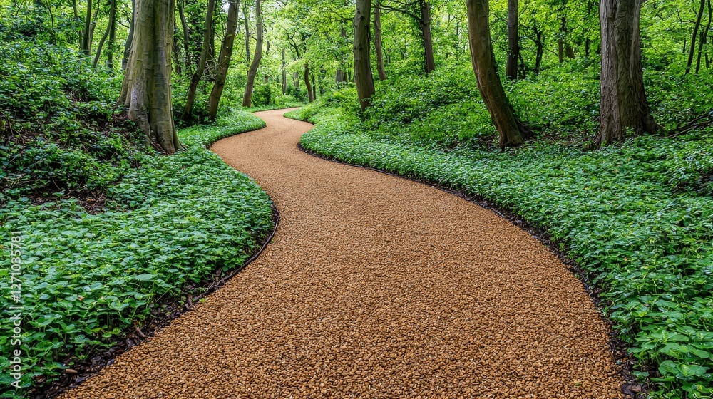 Obraz premium A tranquil path winding through lush green leaves in a dense forest setting