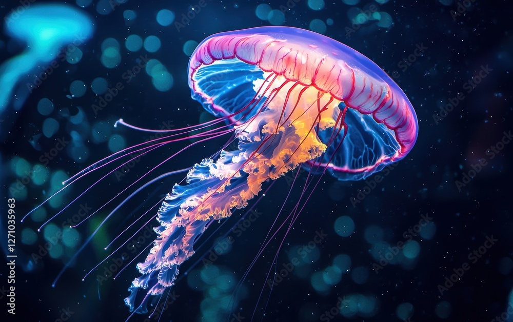 A jellyfish with neon colors against a dark sea background A jellyfish with neon colors against a dark sea background