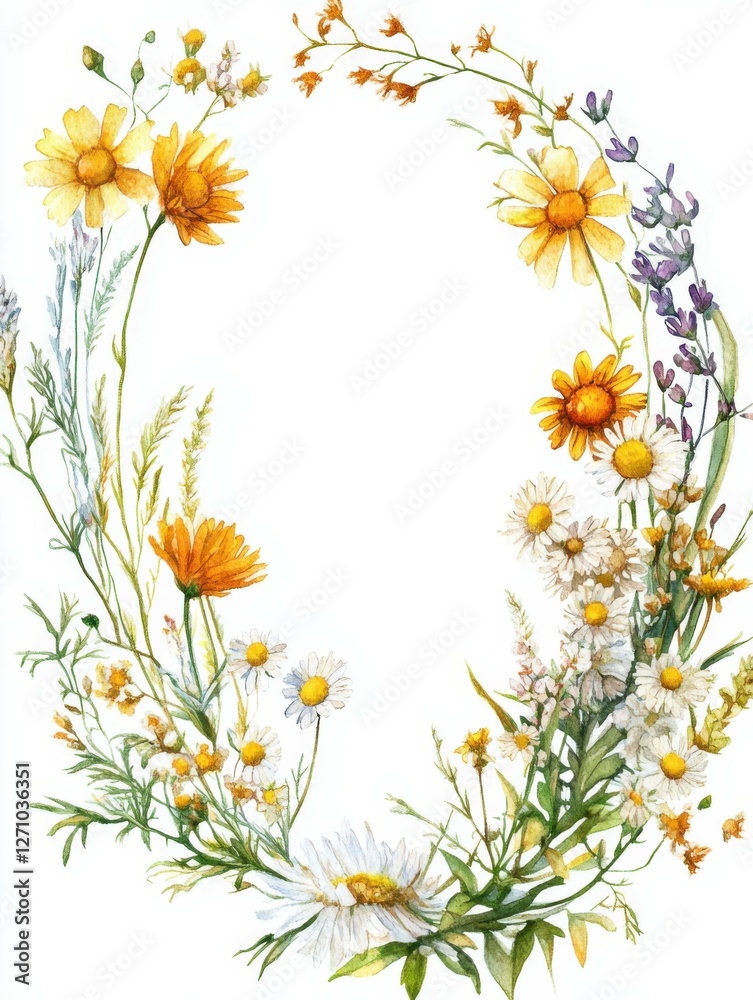 Obraz premium Watercolor Oval Wreath with Meadow Plants: Chamomile, Saffron, Wormwood, Nettle, Calendula