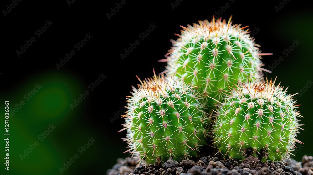 Three small cacti on dark soil, dark green background, for home decor Three small cacti on dark soil, dark green background, for home decor