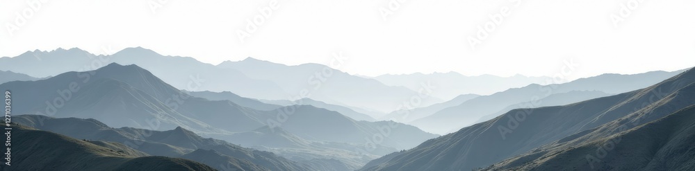 Naklejka premium White to gray gradient background featuring a stunning natural landscape with rolling hills and mountains, gray, scenery, gradient