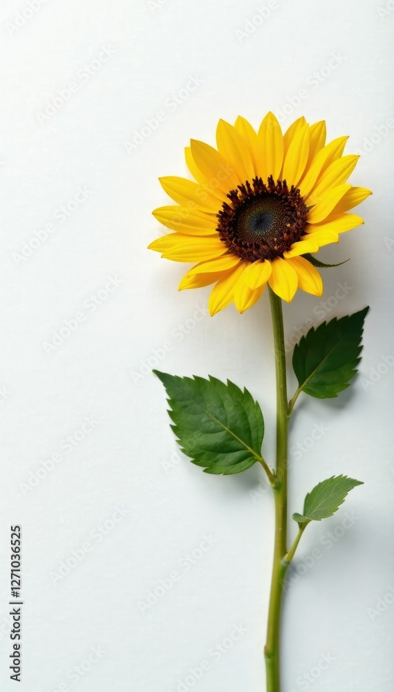 Naklejka premium White surface provides a stark contrast to the warm golden petals of a solitary sunflower, sun, garden, petals