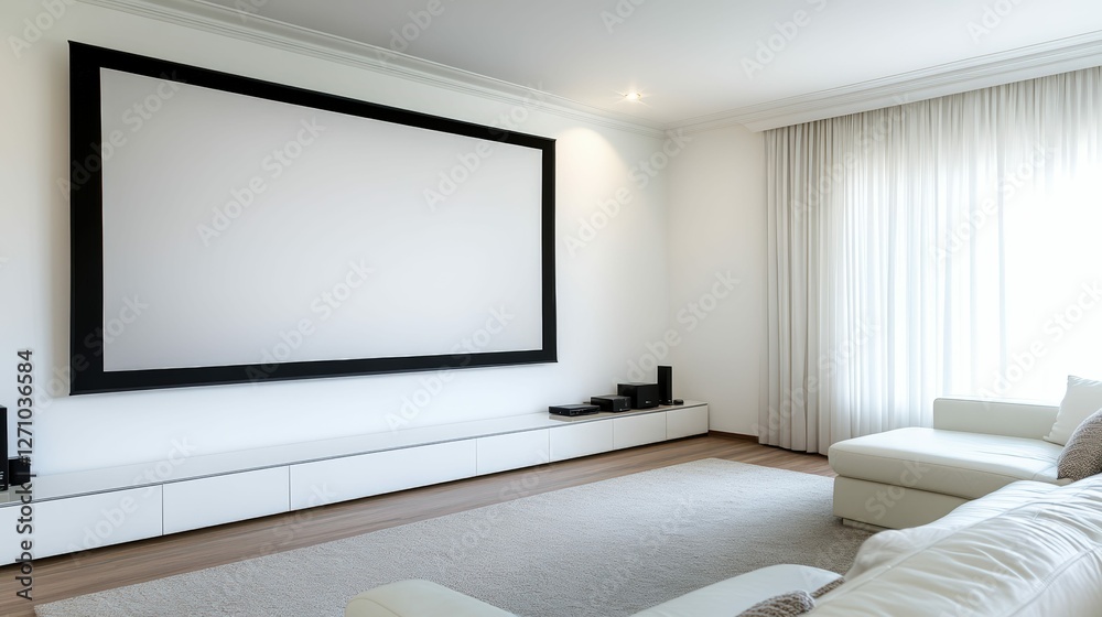 Modern home theater interior with large screen and minimalist white sofa design Modern home theater interior with large screen and minimalist white sofa design