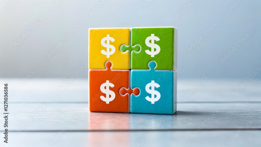 Obraz premium Colorful puzzle pieces with dollar signs symbolizing financial success and problem solving