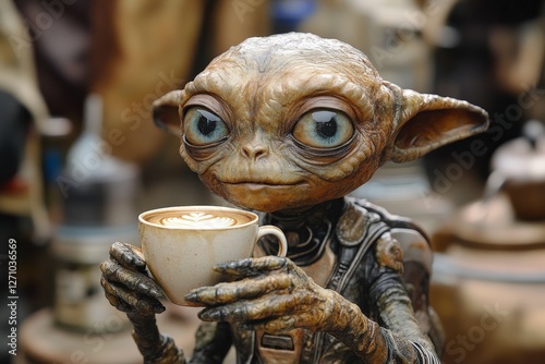 Unique alien creature enjoying a cup of coffee in a bustling market environment during the daytime