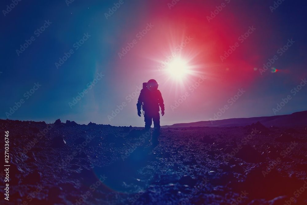 Obraz premium Silhouetted astronaut traversing a desolate, rocky alien landscape under a vibrant sunset.