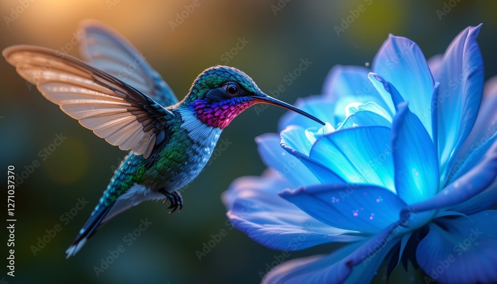 Obraz premium Hummingbird drinking nectar from a glowing blue flower