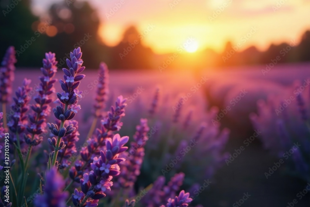 Obraz premium Softly glowing sunset highlights lavender blooms, field, colors, warm