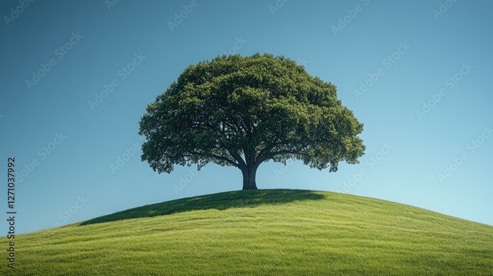 Obraz premium Solitary tree on grassy hill, clear blue sky
