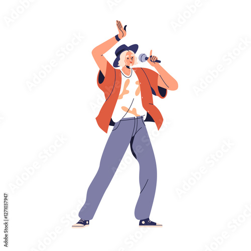 Man singer singing song. Male vocal artist performing with microphone. Talented vocalist standing, gesturing with hand at live concert, karaoke. Flat vector illustration isolated on white background