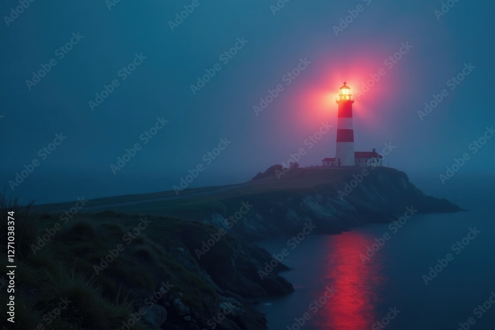 Fototapeta premium Softly glowing lighthouse beam cutting through foggy night air, landscape, coastal