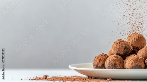 Decadent chocolate truffles on plate with cocoa powder sprinkling