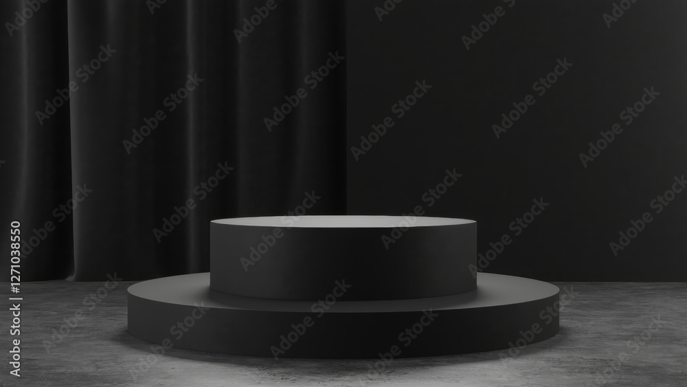 Round smooth matte platform on a background of black curtains , empty pedestal for product presentation, minimalist natural stone stand for mockups or advertising Round smooth matte platform on a background of black curtains , empty pedestal for product presentation, minimalist natural stone stand for mockups or advertising