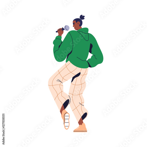 Black man singer performing with microphone, back view. Hip-hop artist dancing, singing song, holding mic in hand at live performance, karaoke. Flat vector illustration isolated on white background